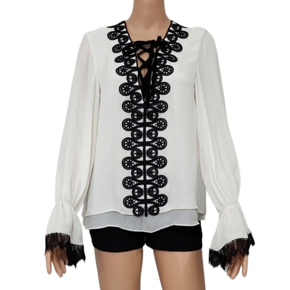 Jonathan Simkhai Women Ivory/Black Long Sleeve Silk‎ Top Blouse Size S Small - Picture 1 of 12